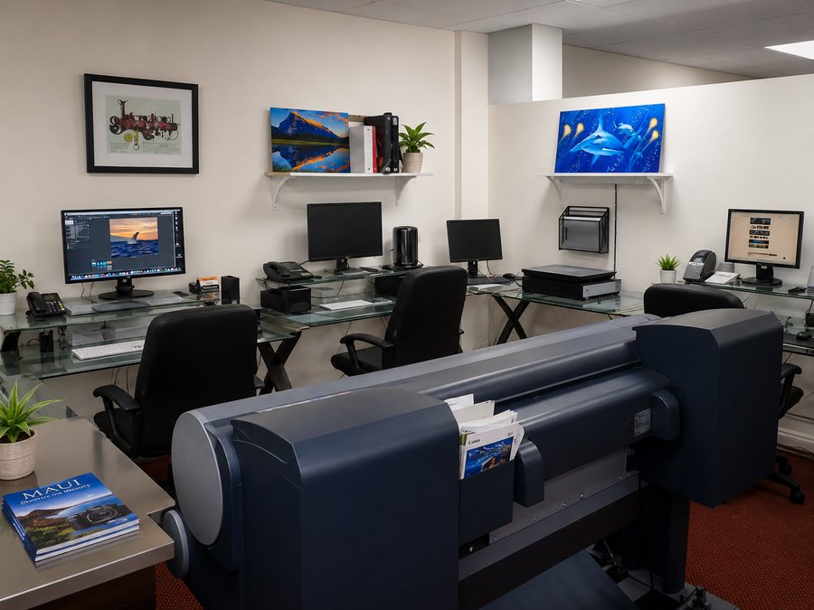 Color-managed workstations and a wide-format printer in the Maui Digital Imaging production room.