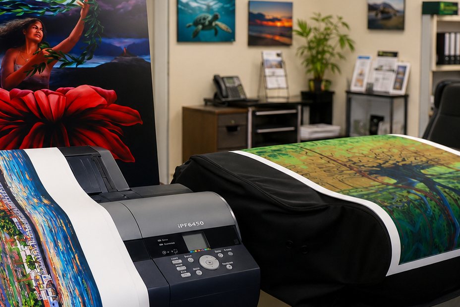 A large-format printer laying down a wide landscape print on photo paper, with a canvas reproduction of a painting behind it.