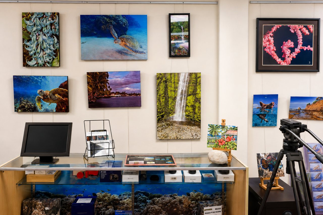 A wall of finished canvas prints in the Maui Digital Imaging showroom: sea turtles, a waterfall, coastal scenes and a framed shell mosaic.