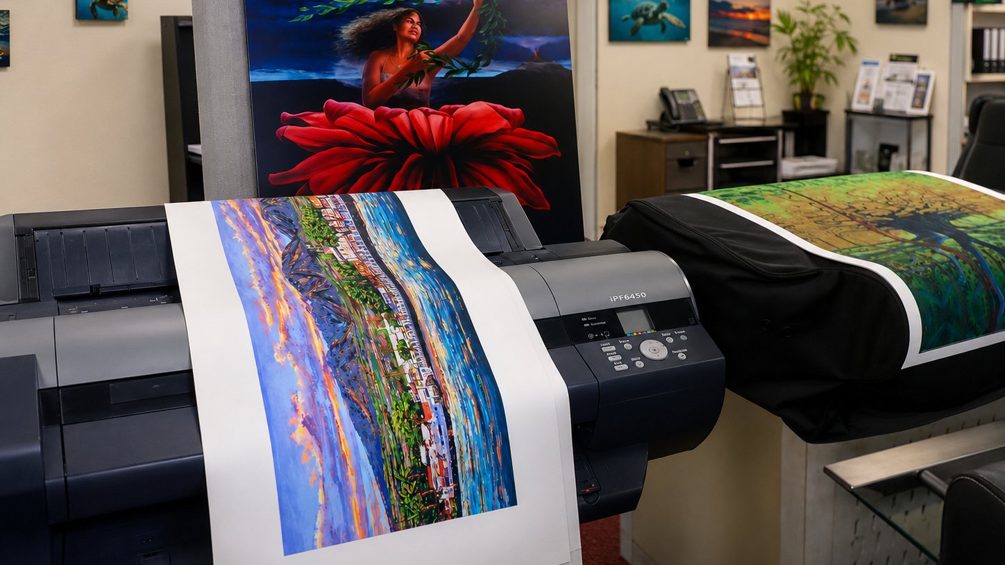 Two wide-format Canon printers in the Maui Digital Imaging studio, each producing a large fine art print, beneath the studio's Fine Art Printing sign.