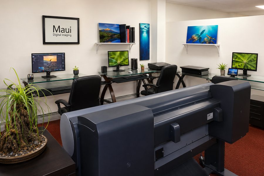 Calibrated monitors and a wide-format printer at the Maui Digital Imaging capture and preparation workstation.