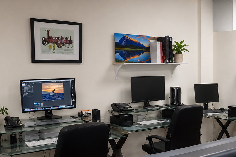 A color-managed editing workstation with a landscape image open on the calibrated display.